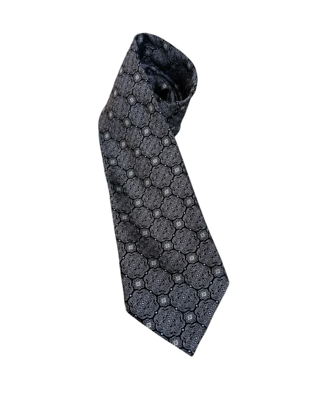 Canali Silk Tie Black Gray Blue Medallion Geometric Pattern Luxury Italian Made